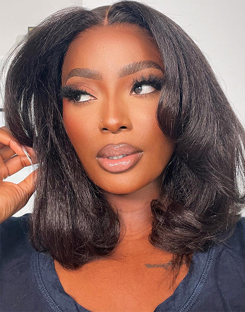 6x5 Glueless Pull Go Kinky Straight Bob Pre Cut Lace Wig All Head Size Friendly