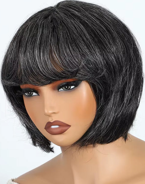 Latica- Salt and Pepper Gray Short Bob Wigs With Bangs For Women Full Machine Made Mom Wigs