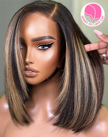 Valerie- Smart-Fit Pull Go Highlights Honey Short Asymmetric Bob Straight Layer Cut 13x5 Pre Cut Lace Wig Glueless Wig