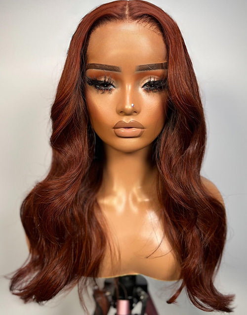 Pam- Auburn Copper Brown Color Wavy Wig Glueless Pre Cut 13x5 Lace Human Hair