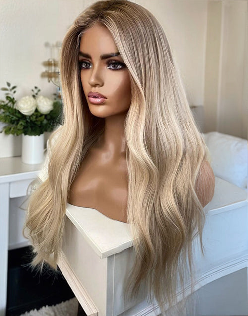 26" Ombre Ash Blonde Balayage Highlights Wavy Full Lace Wig Flash Deal