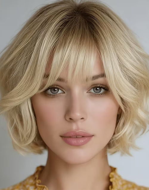 Daycee- Minimalist Lace Ombre Blonde Wavy Bob Wig With Bangs For Women Suit For All Occassions