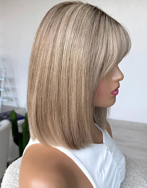 Judy- Sandy Beige Blonde With Ash Root Curtain Bangs True-Hold Glueless Straight Bob Wig Human Hair
