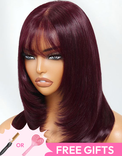 12" Burgundy Color Layer Cut Straight Bob 5x5 Lace Wigs With Bangs Flash Deal