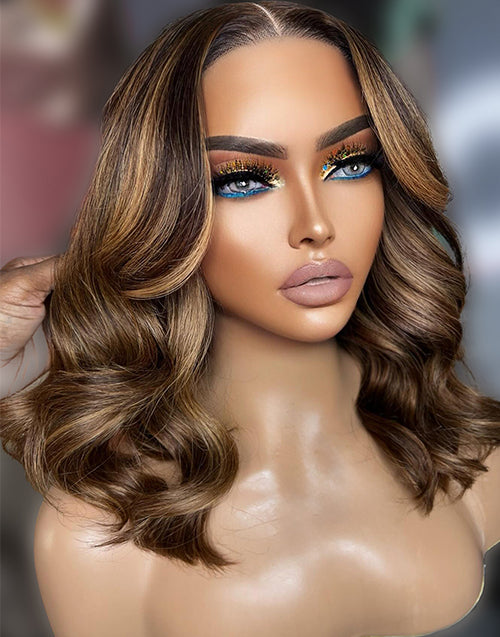 Juana- Brown Honey Balayage Loose Wavy Bob Pre Cut 13x5 Lace Wig Glueless Human Hair Wig