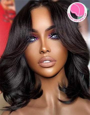 Agne- Smart-Fit Pull Go Curtain Bangs Layered Chic Flowy Straight Bob 7x5 Pre Cut Lace Glueless Wig