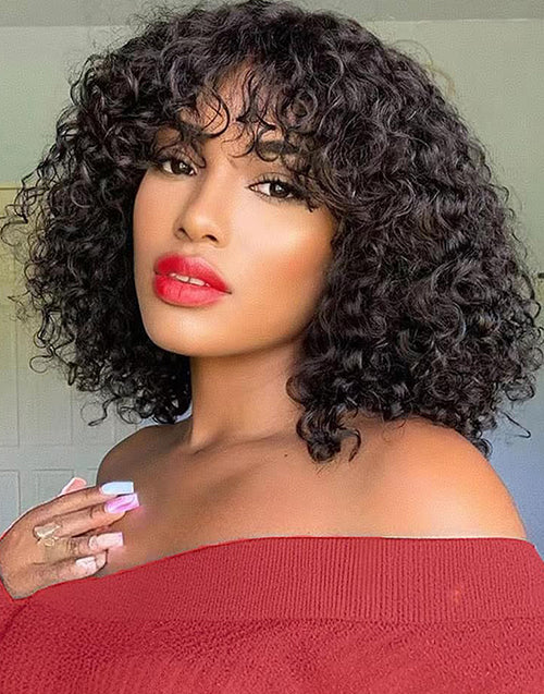 $59.99 10" Short Curly Bob Wigs With Bangs Human Hair Glueless Wig Flash Deal