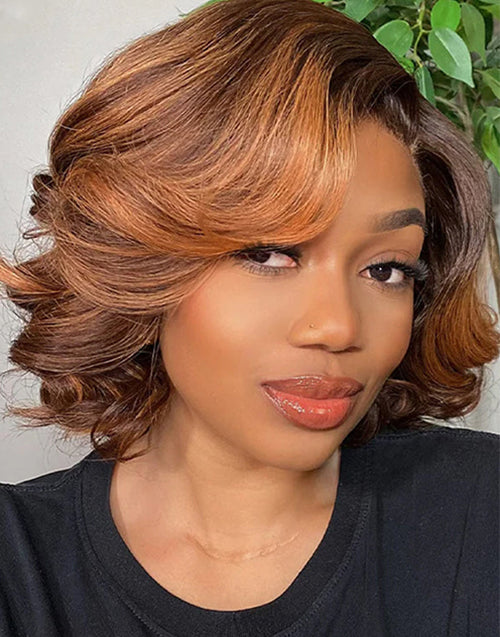 Mature Boss Brown Ombre Highlight Glueless Short Wavy Bob Wig Pre Cut Lace Human Hair
