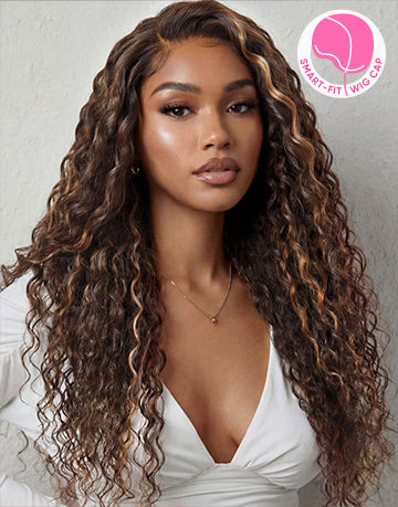 Elia- Smart-Fit Pull Go Piano Brown Highlight Curly 13x5 Pre Cut Lace Wig With Invisi Drawstring