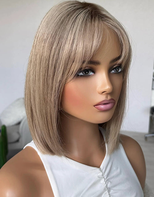Judy- Sandy Beige Blonde With Ash Root Curtain Bangs True-Hold Glueless Straight Bob Wig Human Hair