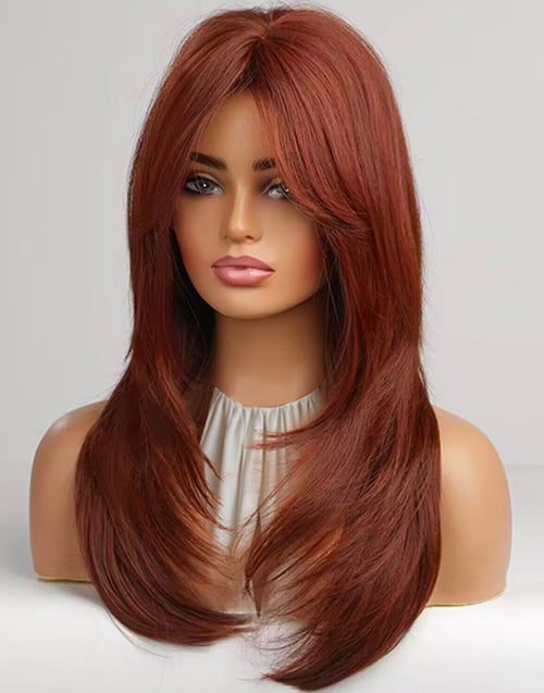 Gloria-Auburn Red Glueless Curtain Bang Wig Layer Cut Straight 13x5 Pre Cut Lace Wig Middle Length