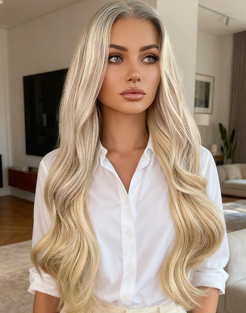 16" Light Blonde Highlights Ash Roots Wavy Full Lace Wigs Flash Deal