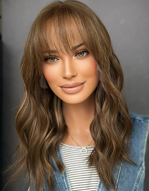 Vonda- Medium Brown With Blonde Balayage Wavy 13x4 Lace Front Wig With Bangs For Women
