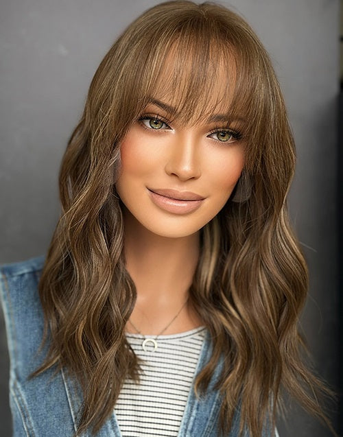 Vonda- Medium Brown With Blonde Balayage Wavy 13x4 Lace Front Wig With Bangs For Women