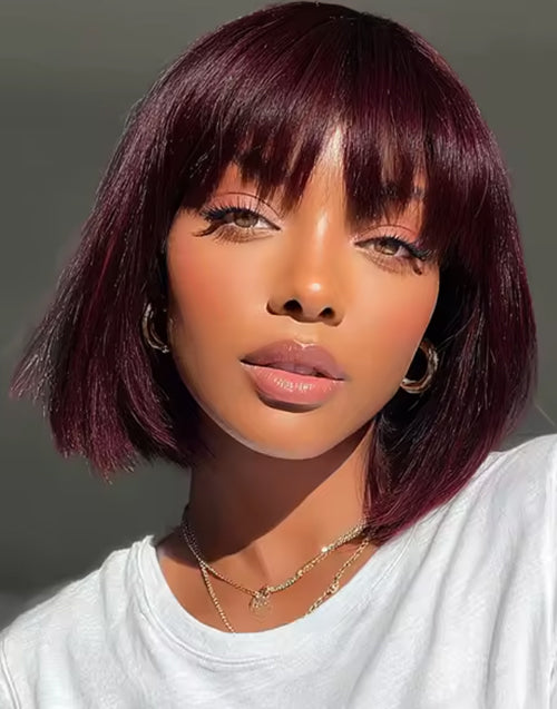 Plus 30% Off 10" 12" 14" 99J Brown Black Color Layer Cut Straight Bob Wig With Bangs Glueless Wigs Flash Deal