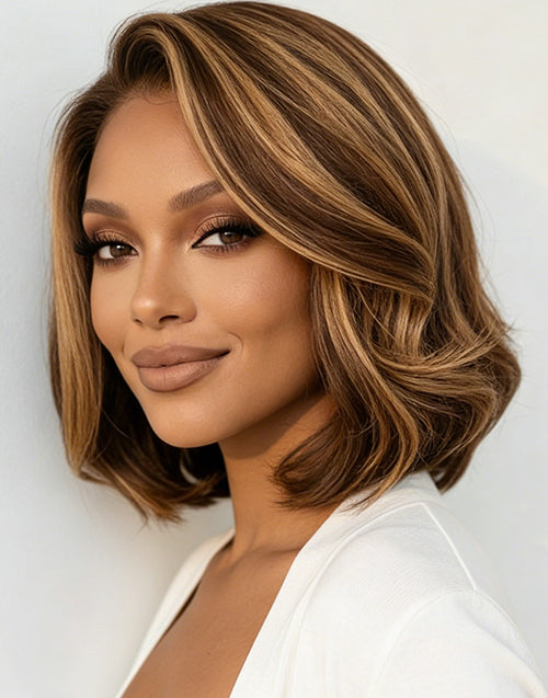 Corey- Smart-Fit Pull Go Brown Honey Highlight Wavy Bob Wig 7X5 Pre Cut Lace Human Hair Glueless Wig