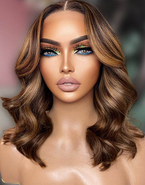 Juana- Brown Honey Balayage Loose Wavy Bob Pre Cut 13x5 Lace Wig Glueless Human Hair Wig