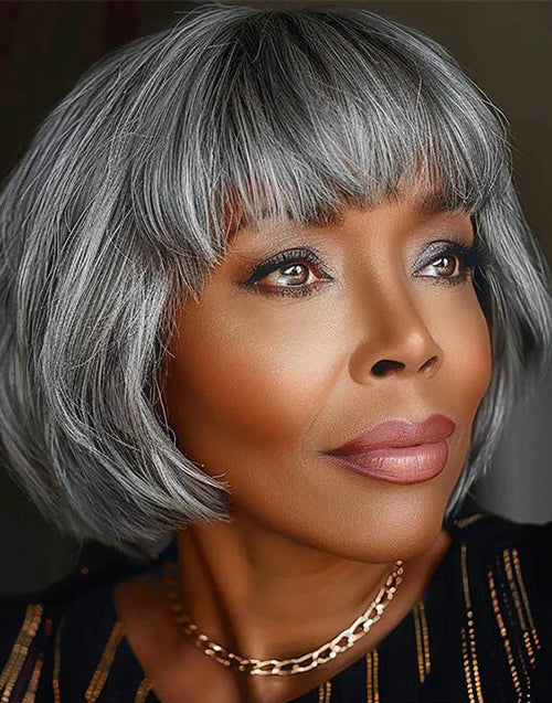 Latica- Salt and Pepper Gray Short Bob Wigs With Bangs For Women Full Machine Made Mom Wigs