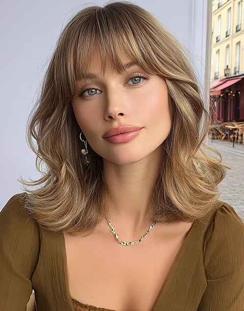 Cosima- Minimalist Lace Mixed Flaxen Blonde Beach Wave Bob Wig With Bangs For Daily Wear
