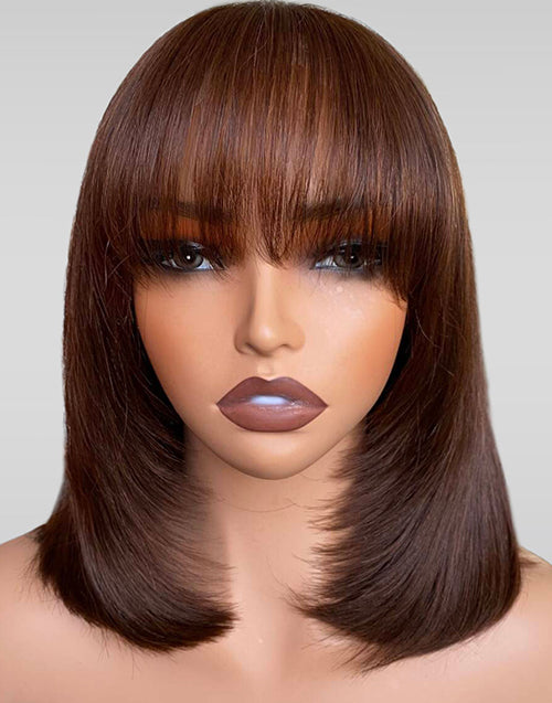 Plus 30% Off 10" 12" 14" 99J Brown Black Color Layer Cut Straight Bob Wig With Bangs Glueless Wigs Flash Deal