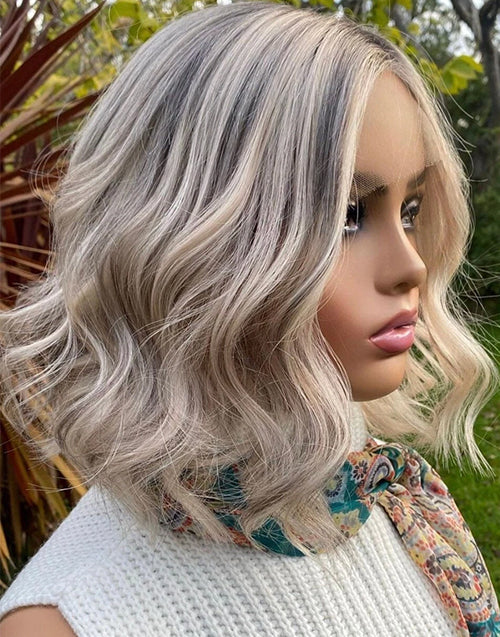 Luis- Ombre Light Grey Blonde Short Wavy Bob Human Hair Wigs 13x4 Lace Front Wig