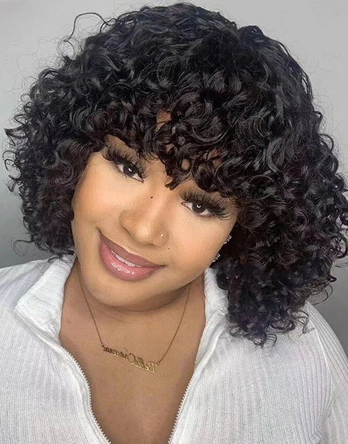 $59.99 10" Short Curly Bob Wigs With Bangs Human Hair Glueless Wig Flash Deal