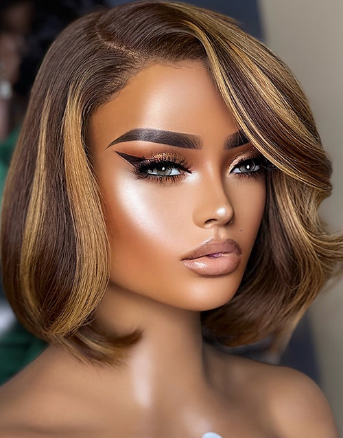 Corey- Smart-Fit Pull Go Brown Honey Highlight Wavy Bob Wig Pre Cut Lace Human Hair Glueless Wig