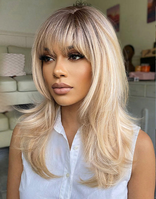 Ania- Dark Golden Blonde Straight Layered Wig With Bangs Darker Blonde Root For Women