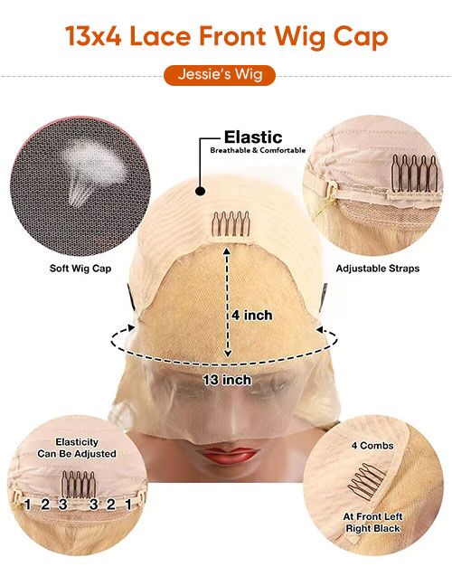 Technical cap construction chart of Jessie's Wig 13x4 Lace Front Wig. Main image illustrates the 13 inch width and 4 inch depth lace area with elastic breathable mesh. Surrounding close-ups detail the soft wig cap texture, adjustable straps with size positions, and 4 strategically placed combs at front, sides, and back for a secure fit.