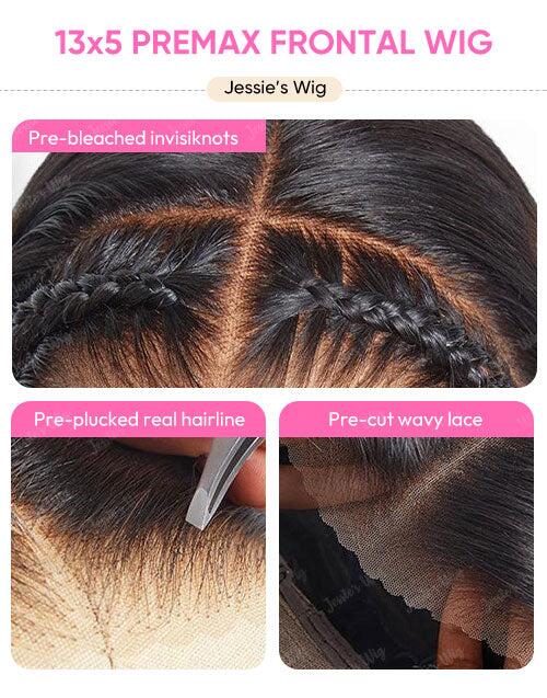 Technical detail chart of Jessie's Wig 13x5 Premax Frontal Wig. Top image shows pre-bleached invisiknots with braided styling. Bottom close-ups demonstrate a pre-plucked real hairline with tweezers and pre-cut wavy lace edge for seamless melting.