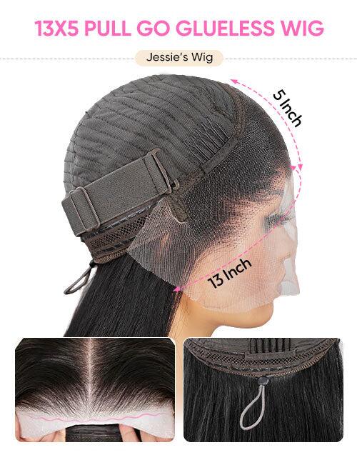 Technical dimensions chart of Jessie's Wig 13x5 Pull Go glueless wig. Side view illustrates the 13 inch lace width and 5 inch depth cap construction with a thick elastic band. Bottom insets show the pre-cut wavy lace hairline and adjustable drawstring mechanism.