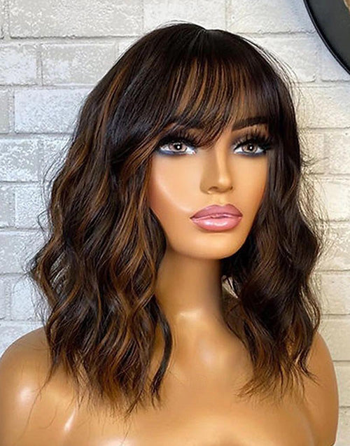 $159=2 WIGS|10" Brown Highlight Wavy 13x5 Bob Wig With Bangs+10" Highlight Honey Straight 7x5 Bob Layer Wig Flash Deal