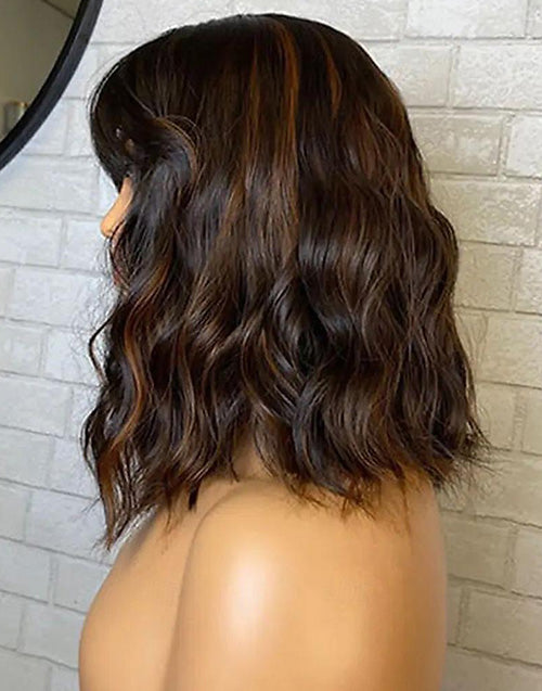 14" Brown Highlight Wavy Bob 6x5 Pre Cut Lace Wig With Bangs Flash Deal
