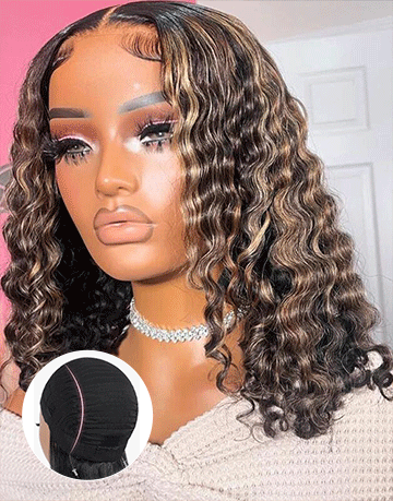 Melissa- Smart-Fit Pull Go Ombre Blonde Highlight With Dark Brown 13x5 Pre Everything Curly Bob Glueless Human Hair Wig