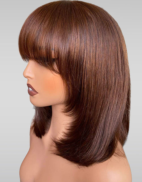 Plus 30% Off 10" 12" 14" 99J Brown Black Color Layer Cut Straight Bob Wig With Bangs Glueless Wigs Flash Deal