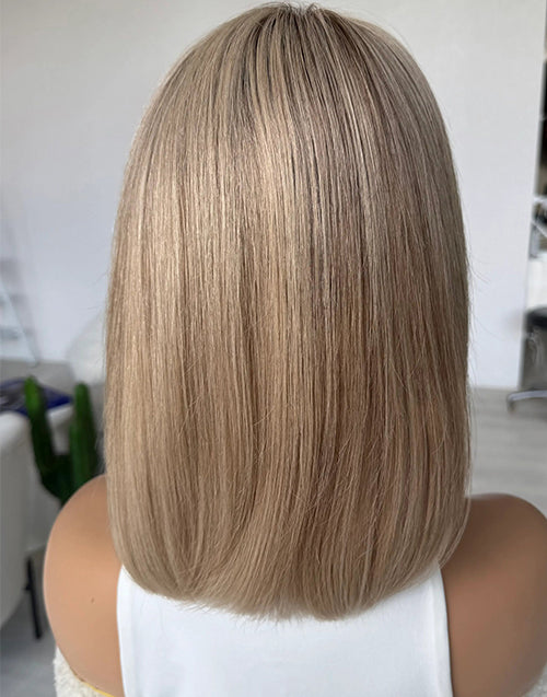Judy- Sandy Beige Blonde With Ash Root Curtain Bangs True-Hold Glueless Straight Bob Wig Human Hair