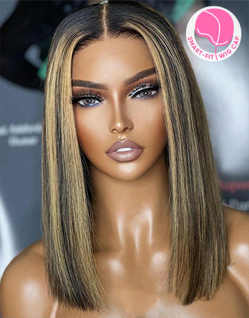 Debby- Smart-Fit Pull Go Highlight Honey Straight Short 13x4 Pre Cut Lace Front Bob Wig Glueless Human Hair Wig
