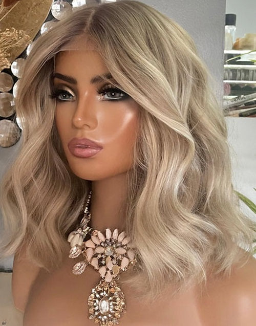 Mandy-Natural Golden Blonde Real HD Lace Front Wavy Bob Wig For Women Natural Hairline