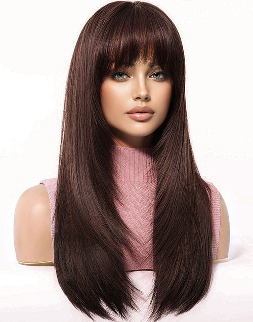 16"-20" Brown Color Layered Straight Wig With Bangs Pre Cut Lace Flash Deal