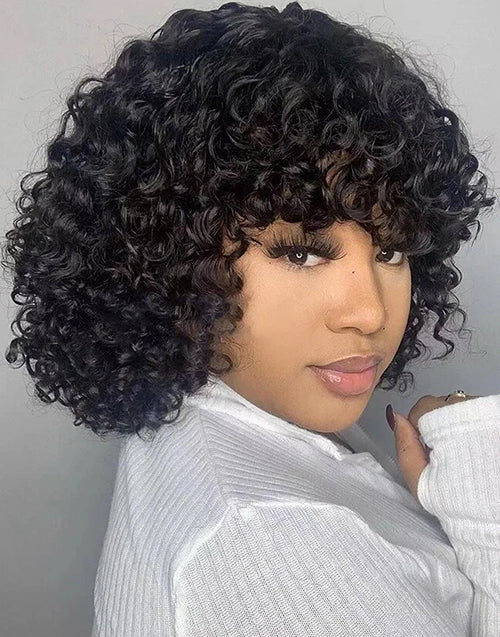 $59.99 10" Short Curly Bob Wigs With Bangs Human Hair Glueless Wig Flash Deal