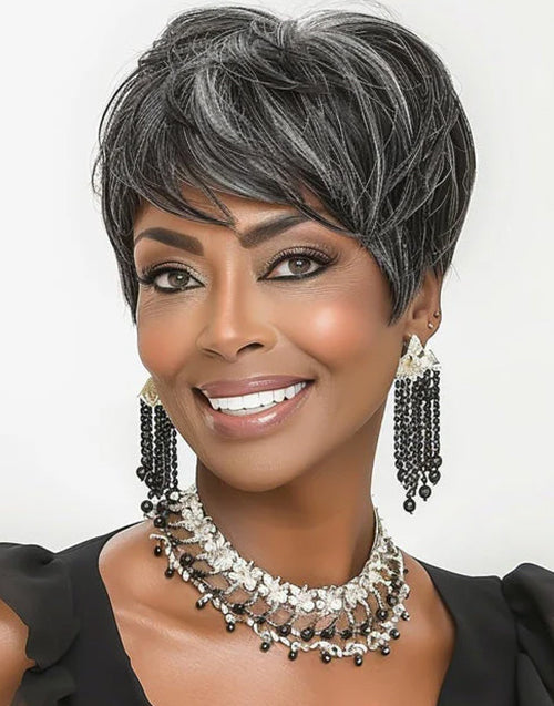 Cosima- New Pixie Cut Salt And Pepper Colored Full Machine None Lace Grey Short Wig