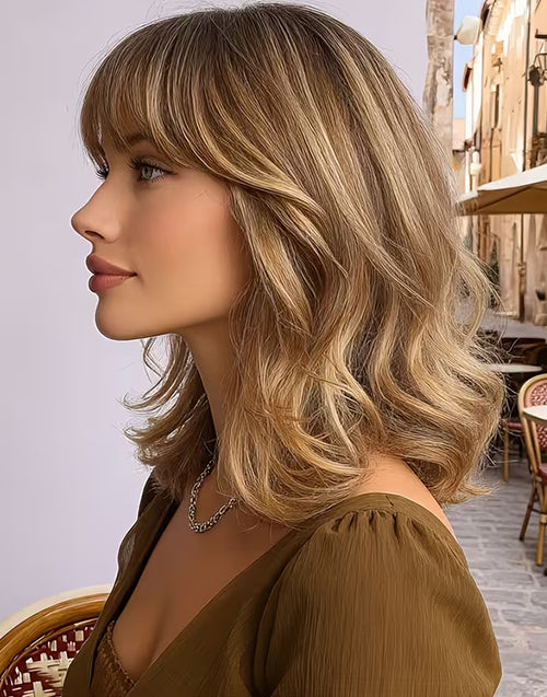 Cosima- Minimalist Lace Mixed Flaxen Blonde Beach Wave Bob Wig With Bangs For Daily Wear
