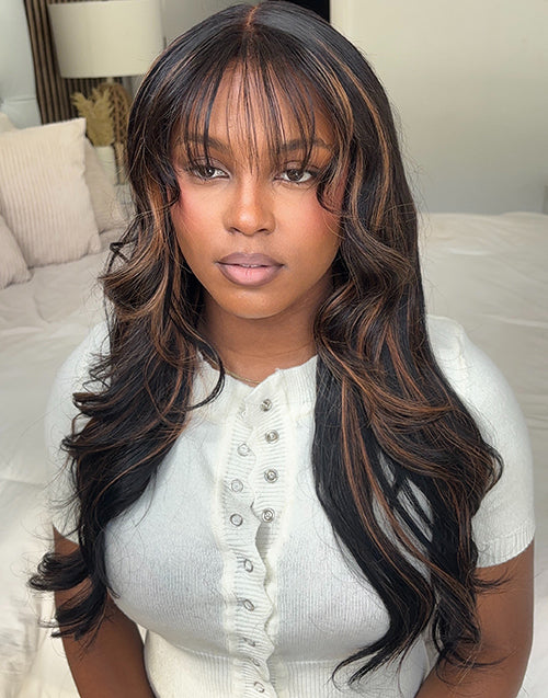 Luis- Highlight Brown Wavy Wig With Air Bangs Glueless Human Hair Wig Pre Cut Lace