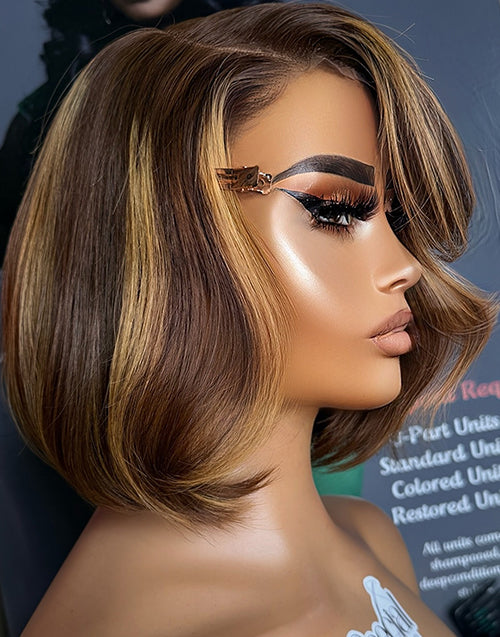 Corey- Smart-Fit Pull Go Brown Honey Highlight Wavy Bob Wig Pre Cut Lace Human Hair Glueless Wig