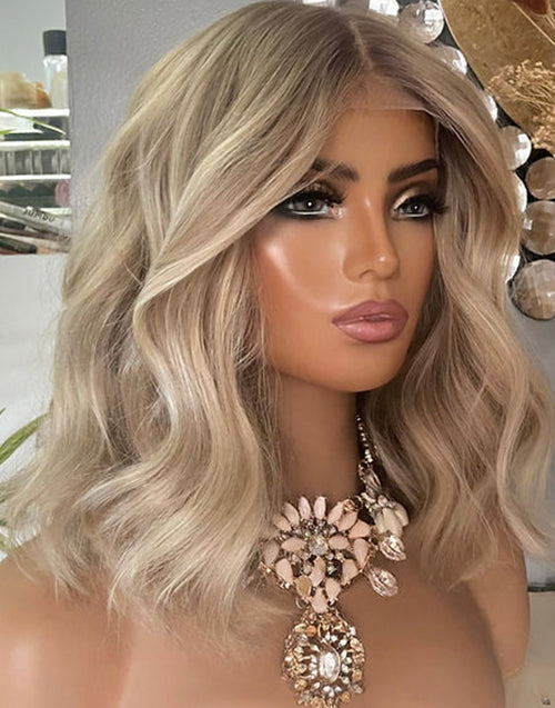 Mandy-Natural Golden Blonde Real HD Lace Front Wavy Bob Wig For Women Natural Hairline