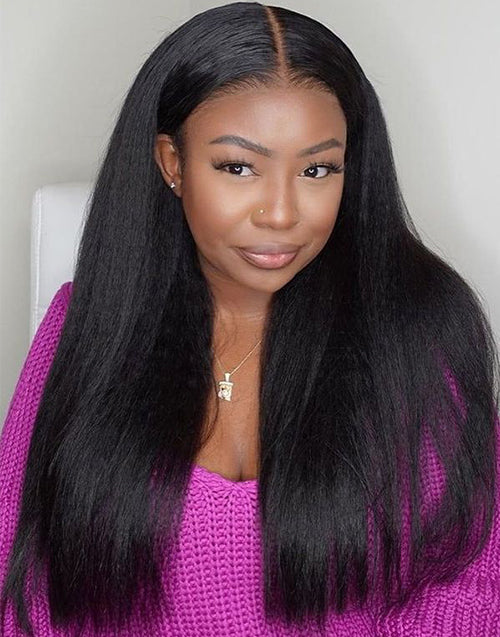 18"-24" Kinky Straight Thin V Part Wig Human Hair Flash Deal