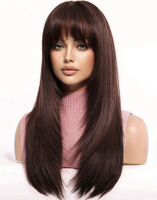 16"-20" Brown Color Layered Straight Wig With Bangs Pre Cut Lace Flash Deal