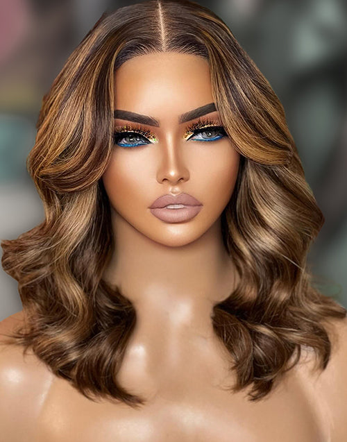 Juana- Brown Honey Balayage Loose Wavy Bob Pre Cut 13x5 Lace Wig Glueless Human Hair Wig