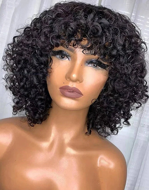 $59.99 10" Short Curly Bob Wigs With Bangs Human Hair Glueless Wig Flash Deal