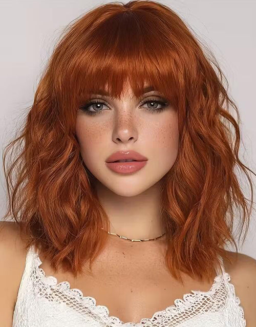 Mina- Minimalist Lace Ginger Color Wavy Bob Wig With Bangs For Women